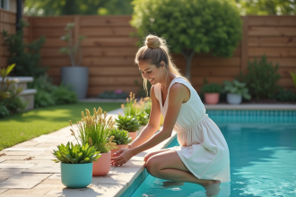 Femme d'âge moyen près de la piscine décorée de plantes vertes