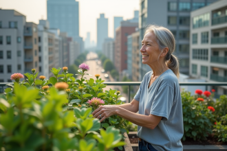 Femme d'âge moyen dans un jardin urbain sur le toit