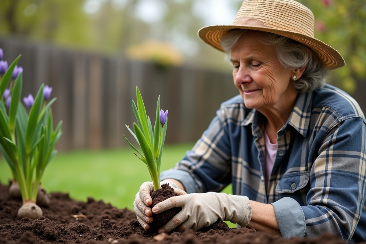Femme âgée inspectant des bulbes de lys dans le jardin