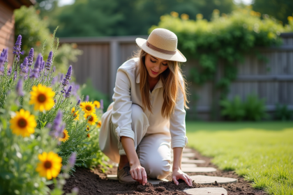 Femme plantant tournesols dans un jardin en été
