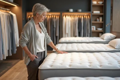 Femme contemplant un matelas dans un magasin de literie