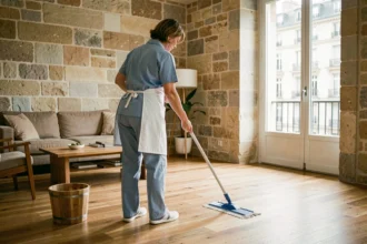 Femme de ménage professionnelle en uniforme bleu nettoyant le parquet d'un appartement bordelais avec parois en pierre apparente