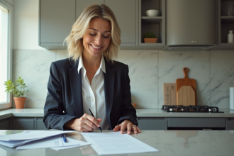 Femme d affaires remplissant un formulaire de courrier