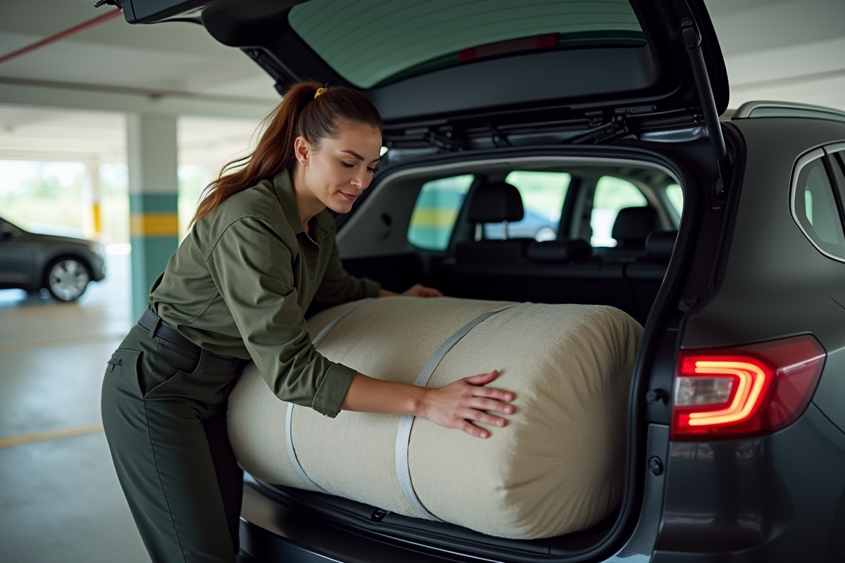 Femme organise un coussin dans le coffre d