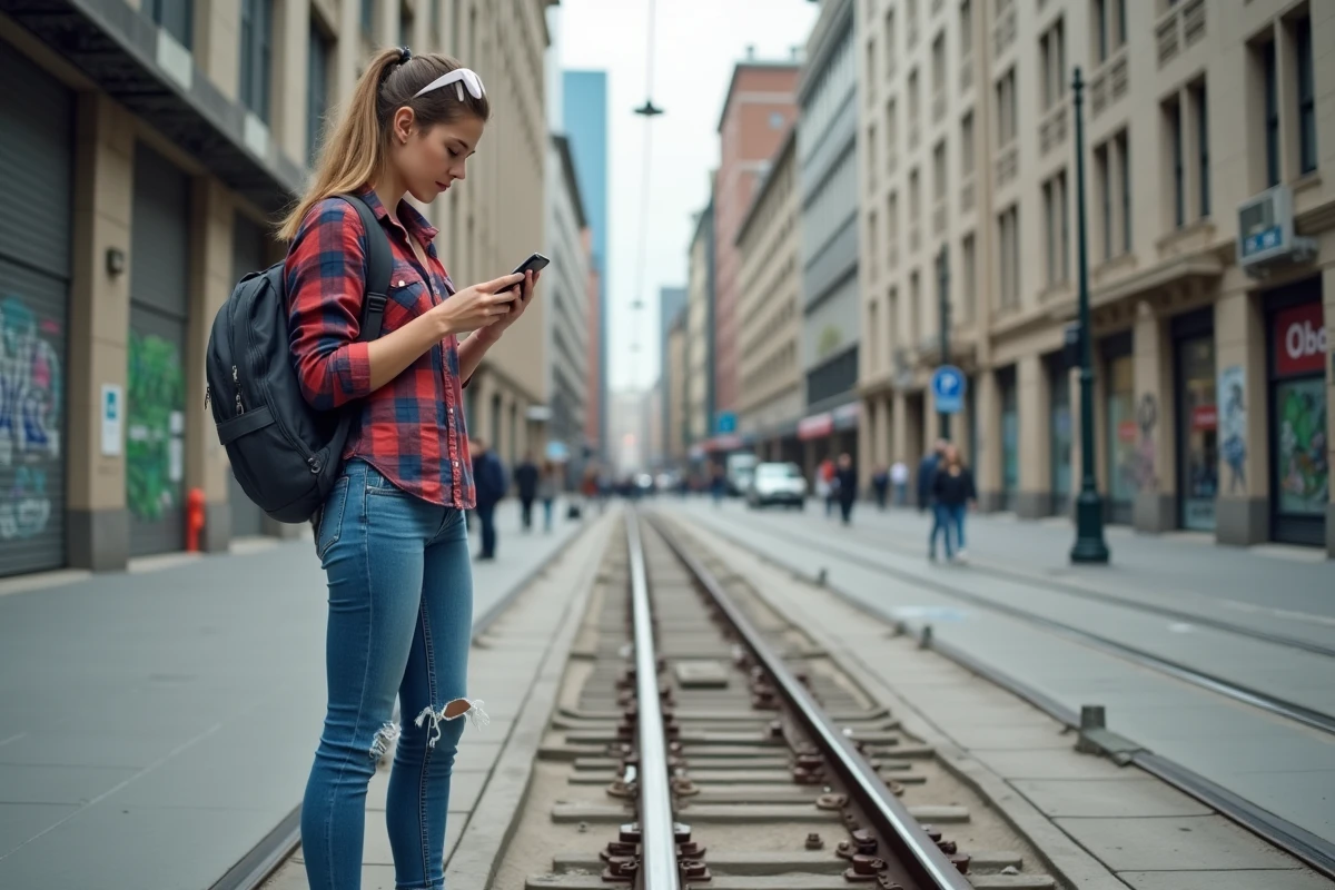 Jeune femme examinant une traverse endommagée dans un environnement urbain