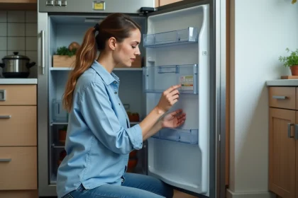Jeune femme examine une étiquette de sécurité sur un frigo moderne