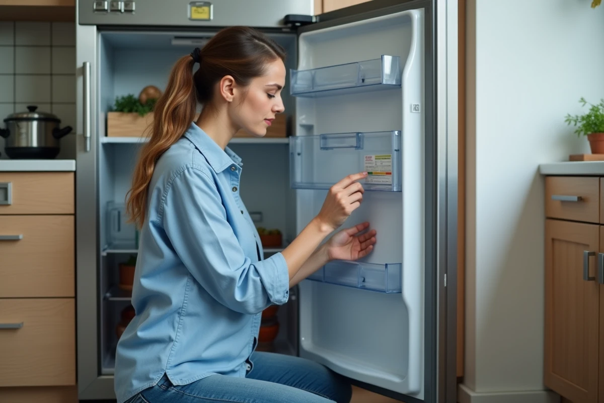 Jeune femme examine une étiquette de sécurité sur un frigo moderne