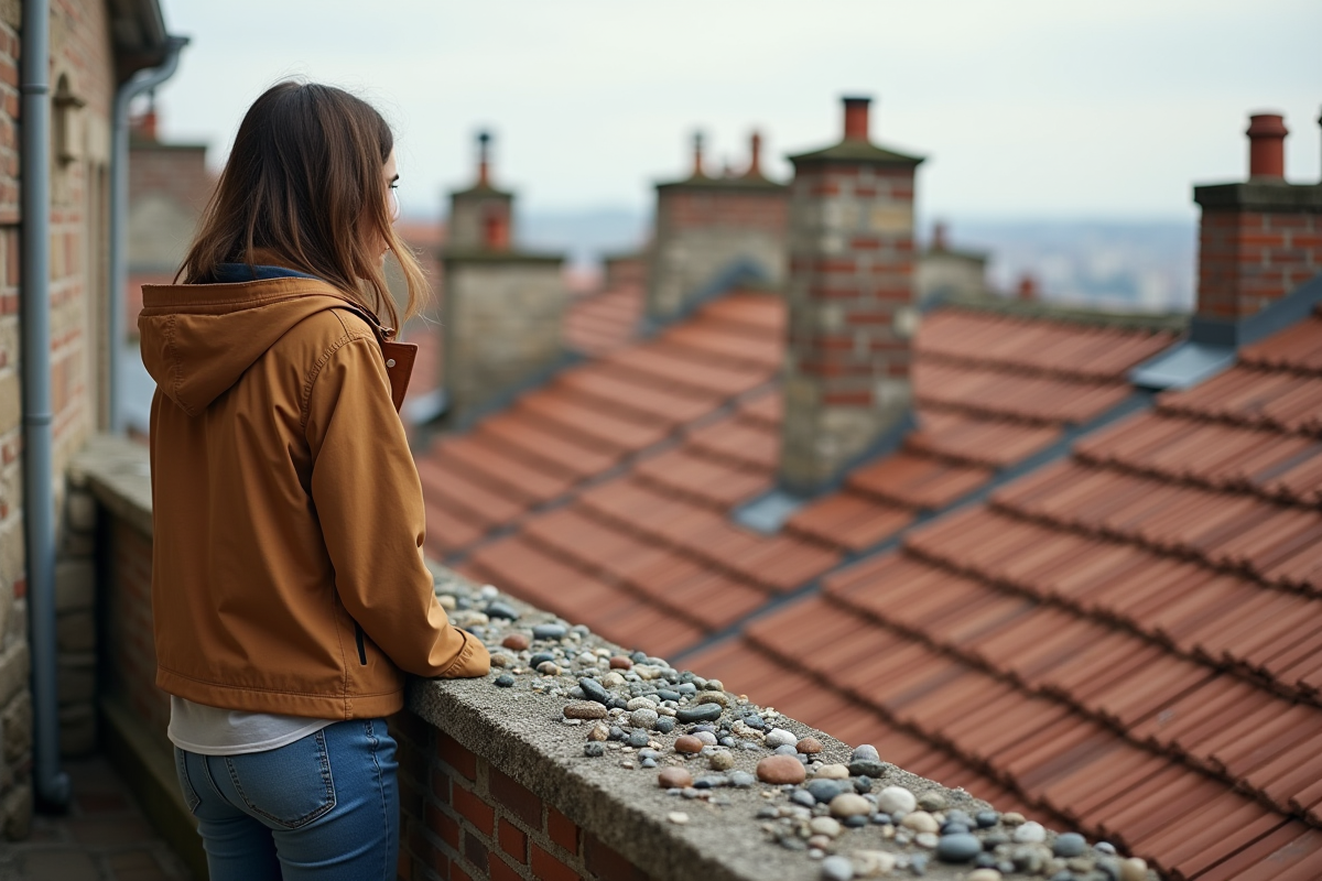 Jeune femme observant les toits avec galets dans un quartier urbain