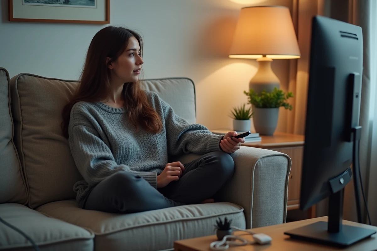 Jeune femme assise sur un canapé avec télécommande dans un salon