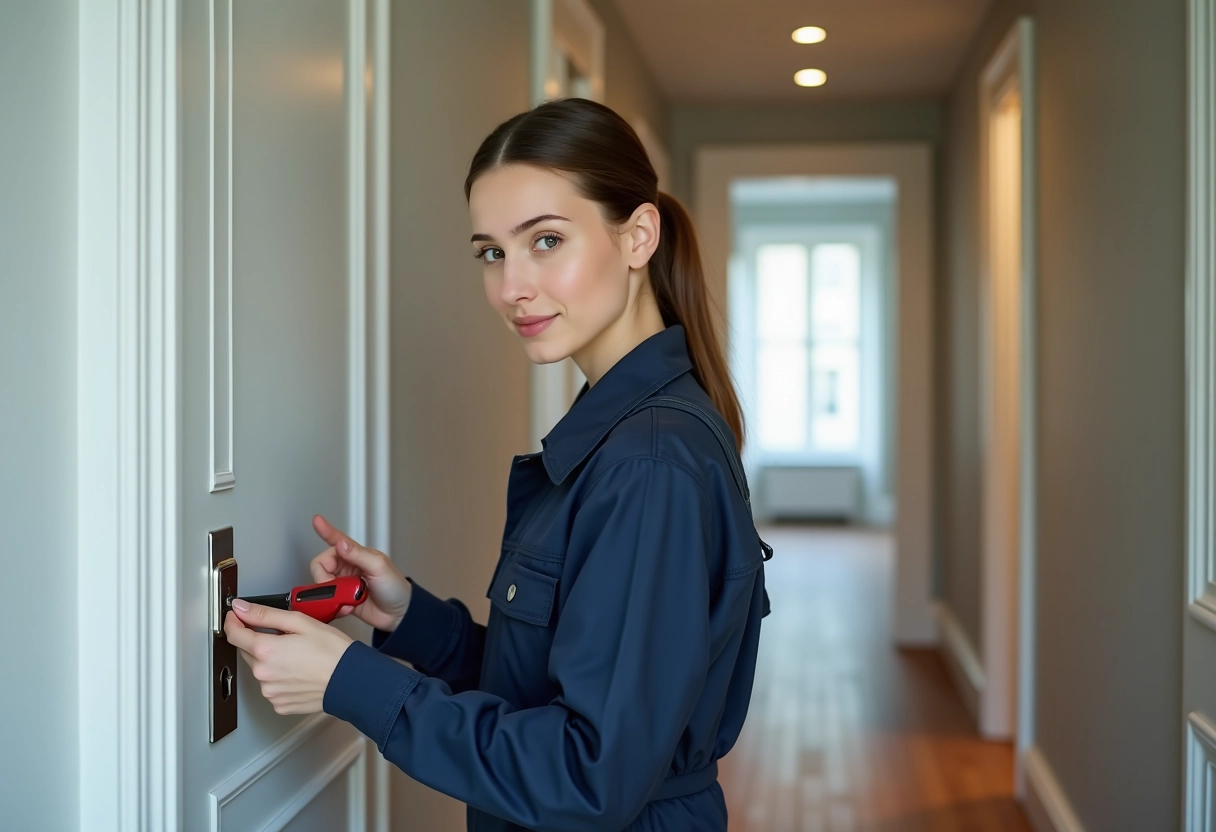 Jeune femme serrurier réparant une serrure intérieure