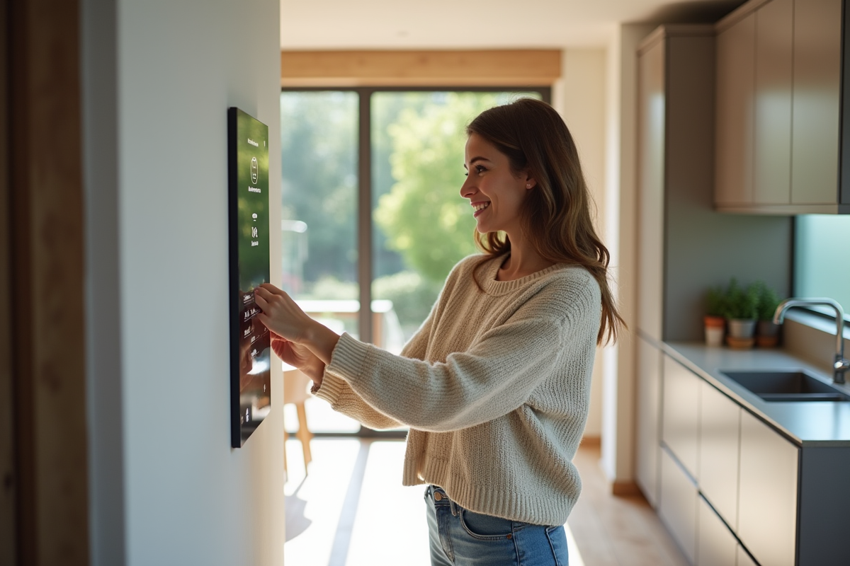 Jeune femme dans la cuisine contrôlant la maison connectée