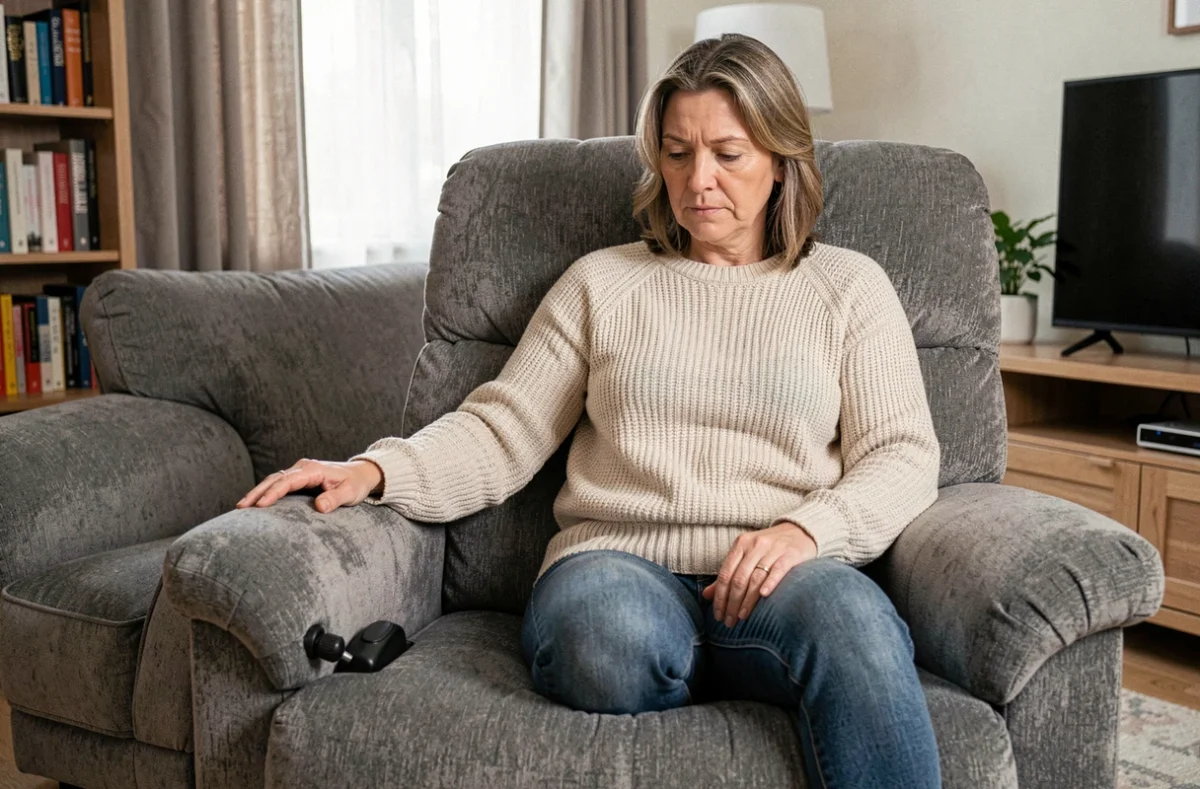 Femme d'âge moyen testant le mécanisme de relaxation d'un canapé Poltronesofa gris dans un appartement, évaluant son état après deux ans d'utilisation