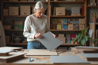 Femme concentrée examinant un carton dans son atelier