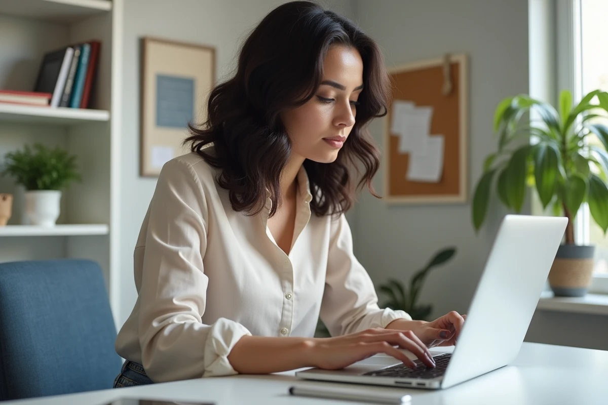 Femme concentrée travaillant sur son ordinateur dans un bureau moderne