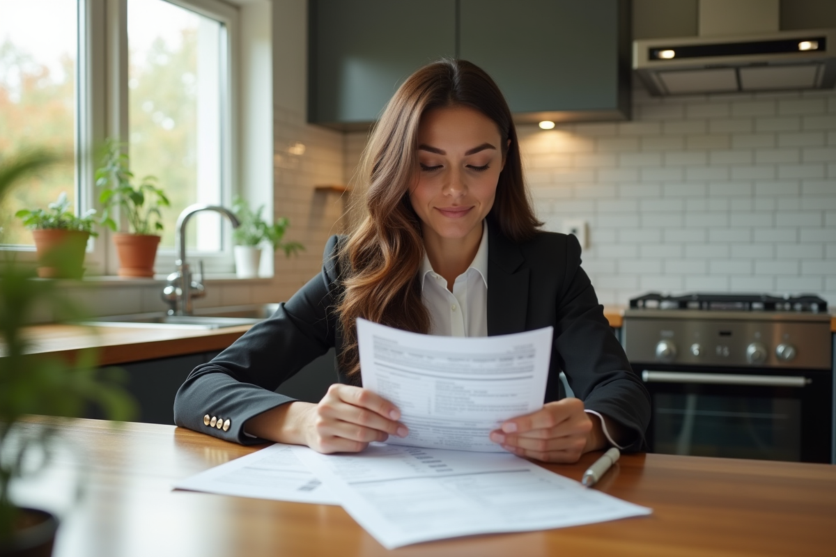 Femme d affaires vérifiant des documents dans la cuisine