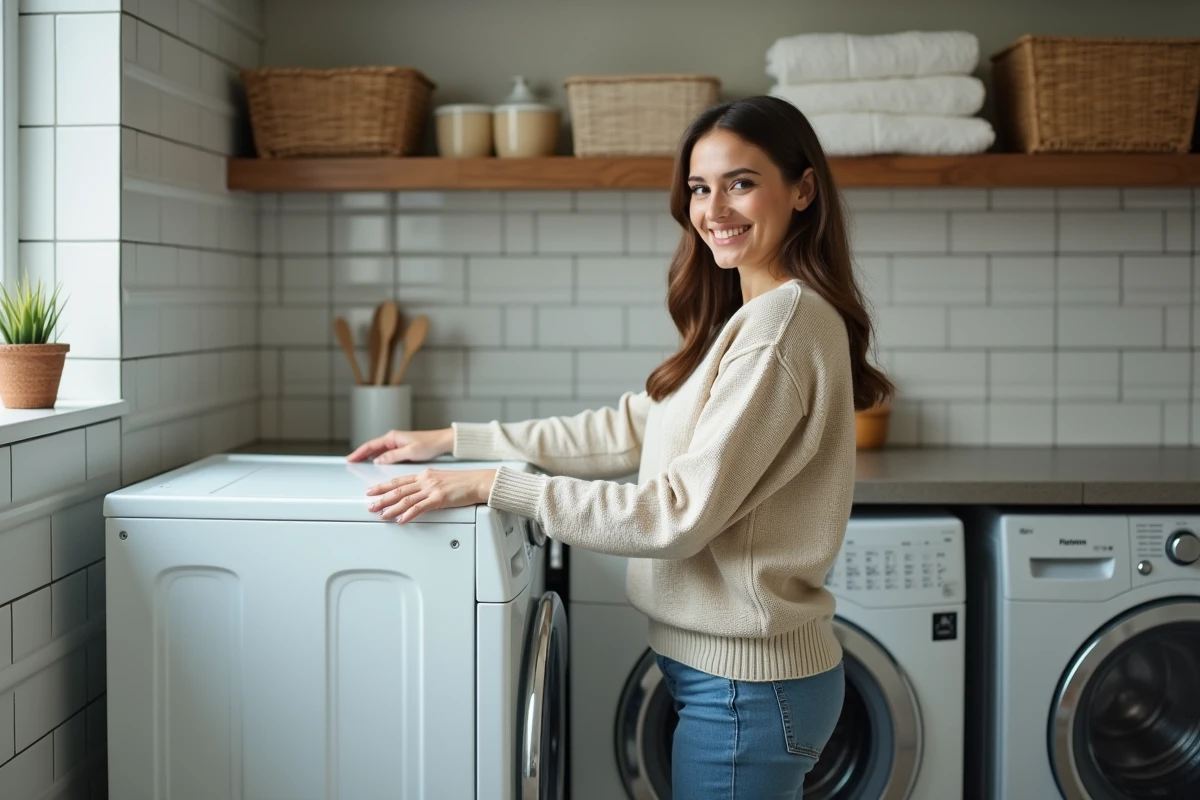 Jeune femme vérifiant sa machine à laver dans une buanderie pratique