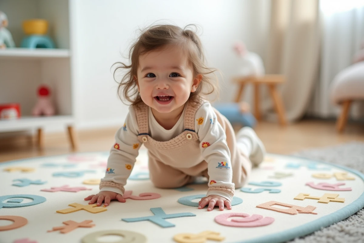 Petite fille en jumper sur un tapis avec alphabet