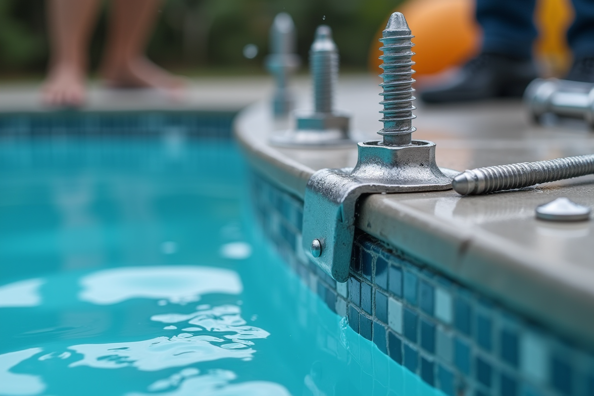 Installation de vis inox pour le bord de la piscine