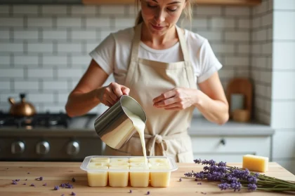 Femme versant du savon fondu dans un moule en silicone sur un plan de travail en bois, fabrication artisanale de savon à la maison