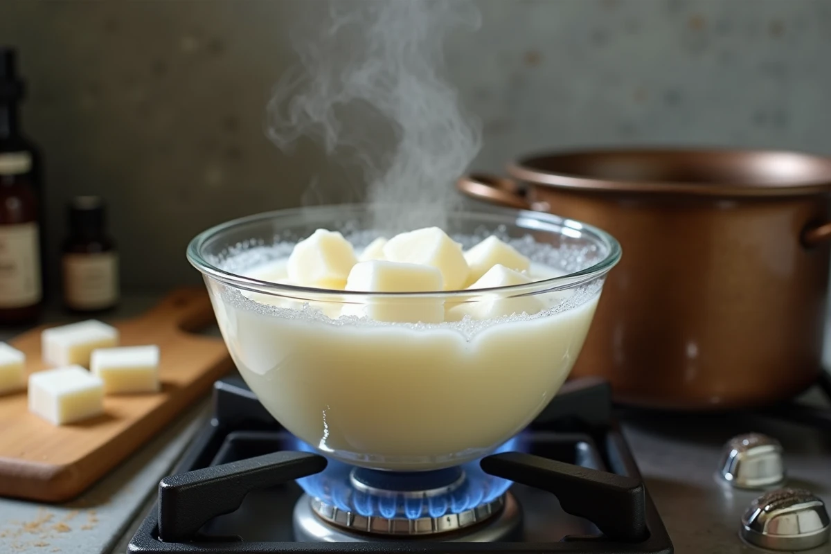 Savon glycériné en train de fondre au bain-marie dans un bol en verre sur une cuisinière, processus de fonte artisanale de savon