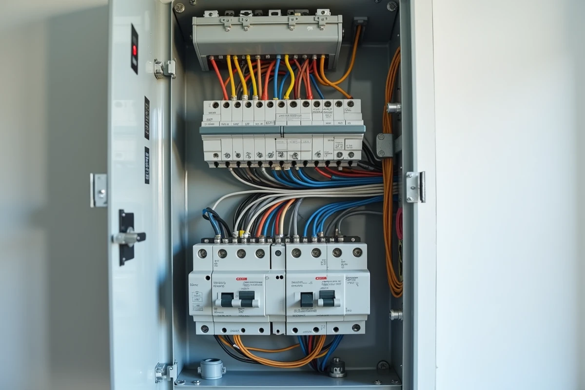 Gaine technique logement GTL ouverte montrant le tableau électrique avec disjoncteurs et câblage organisé dans un appartement moderne