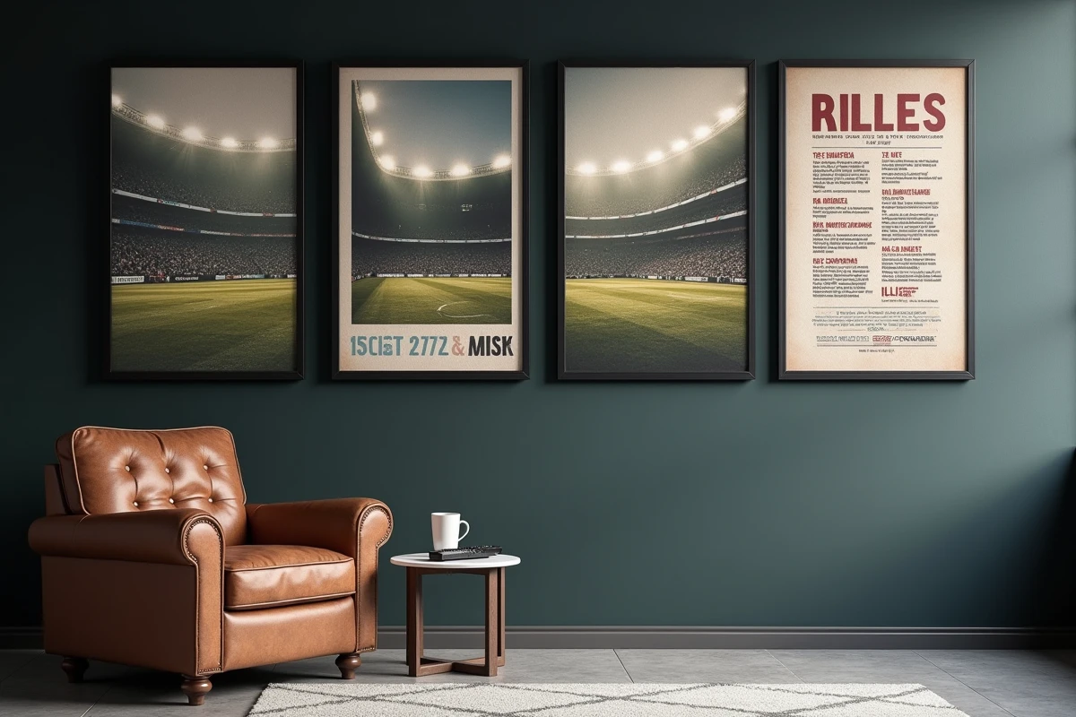 Mur de galerie football avec posters encadrés et toiles dans une salle de sport à domicile au style industriel