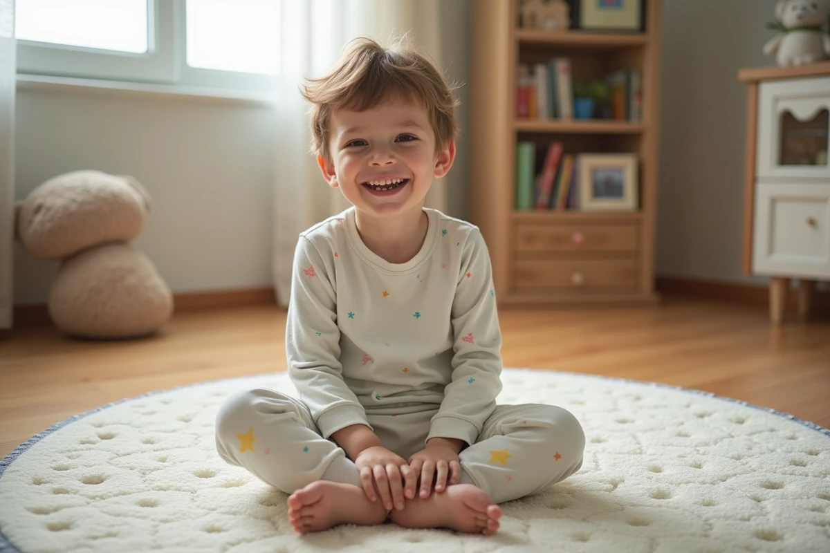 Jeune garçon en pyjama pastel assis sur un tapis de jeu
