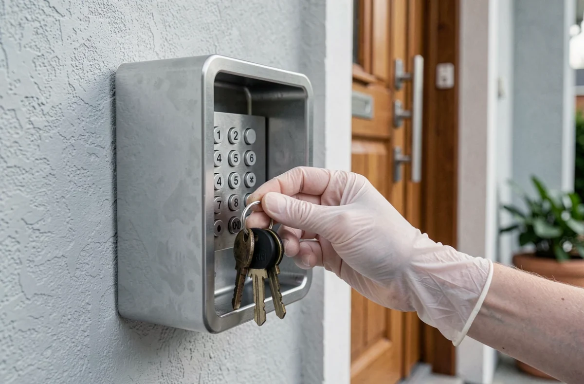 Gros plan sur une boîte à clés sécurisée avec code numérique fixée au mur d'une maison pour faciliter l'accès des aidants