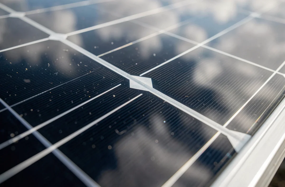 Gros plan sur la surface d'un panneau solaire Solarwatt avec cellules monocristallines