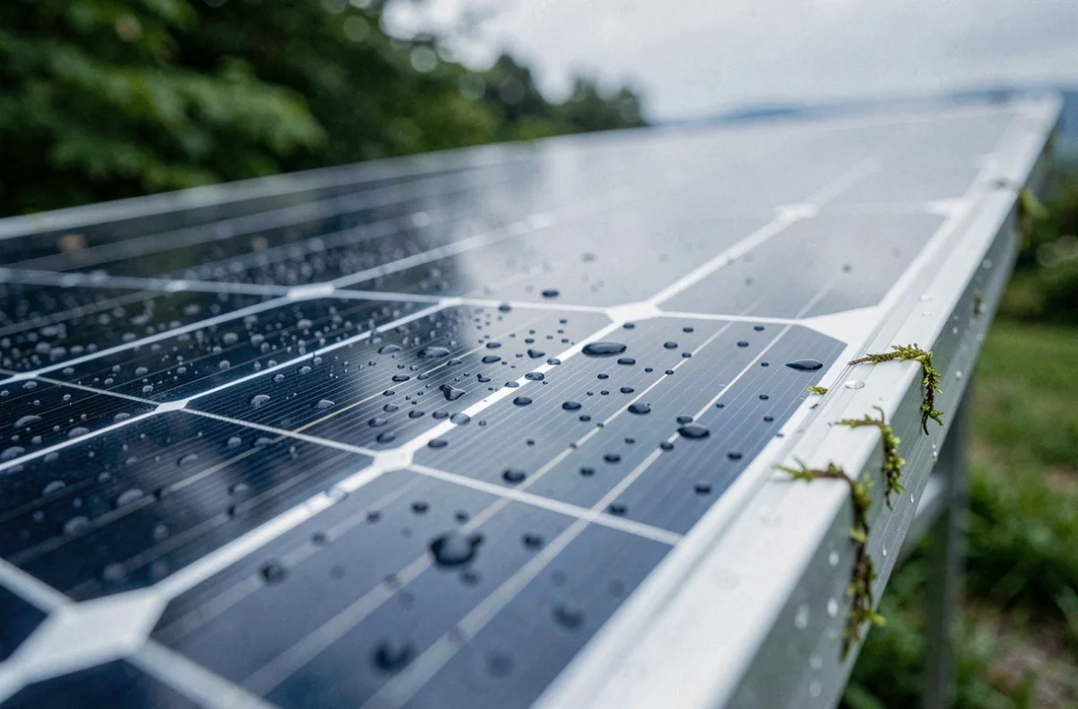 Gros plan macro sur la surface d'un panneau solaire avec cellules en silicium, busbars et gouttes de pluie, illustrant la technologie photovoltaïque en détail