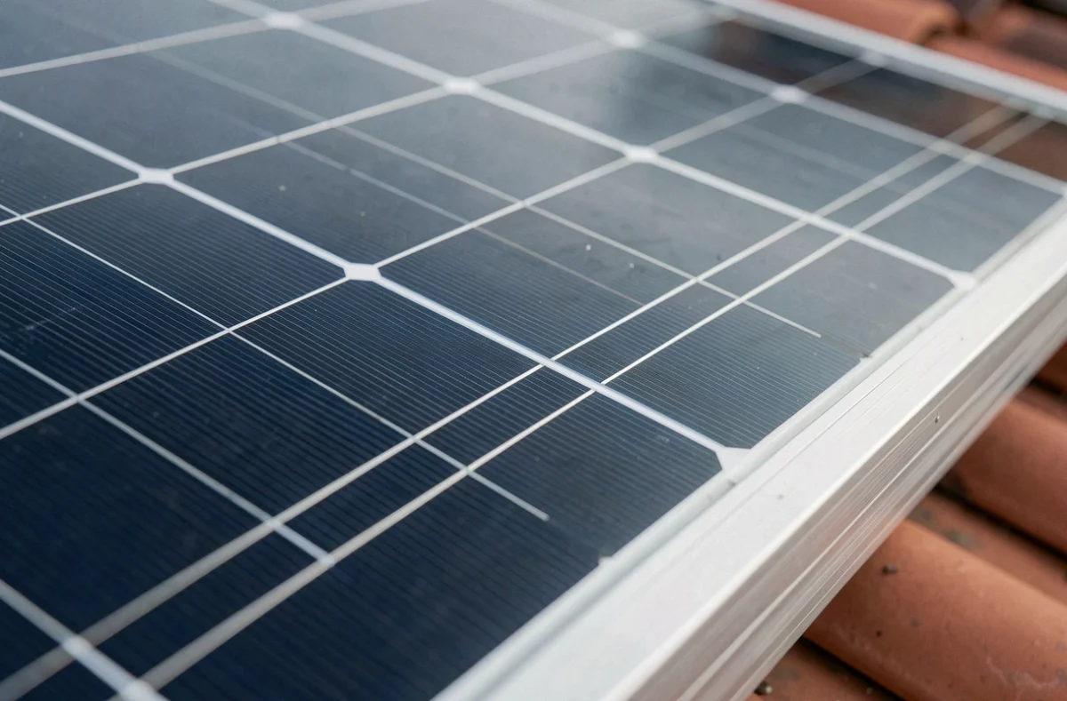 Gros plan sur les cellules monocristallines d'un panneau photovoltaïque Soluxtec