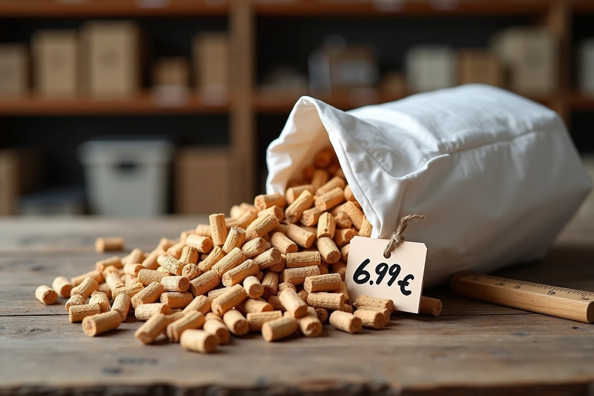 Gros plan de pellets de bois en vrac sortant d'un sac avec étiquette de prix, illustration du coût des granulés pour le chauffage