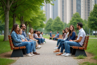 Groupe divers d'adultes et enfants dans un parc urbain ensoleille