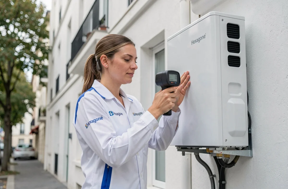 Technicienne Hexagone réalisant un contrôle qualité final sur une pompe à chaleur installée sur un immeuble parisien moderne