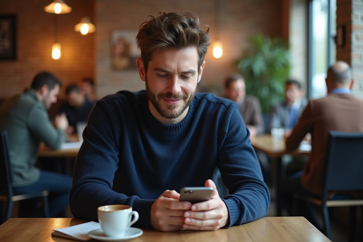 Homme dans un café lisant son smartphone dans une ambiance chaleureuse