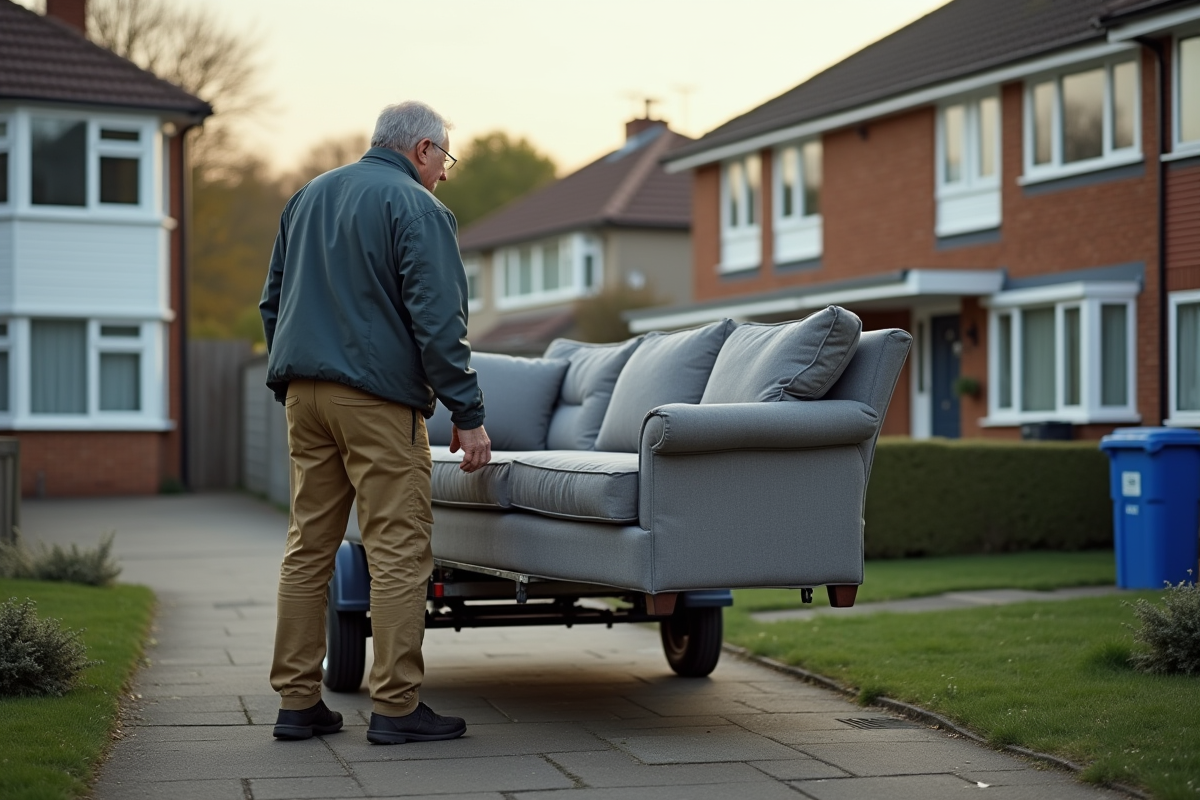 Homme chargeant un canapé gris dans une cour résidentielle
