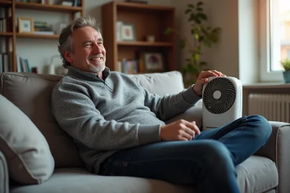 Homme détendu avec chauffage d'appoint moderne à la maison