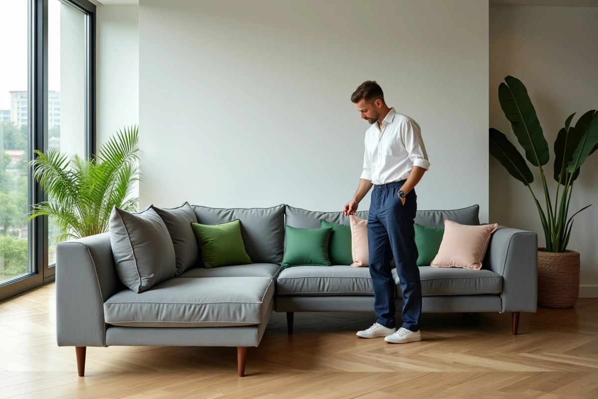 Homme arrangeant des coussins dans un salon lumineux