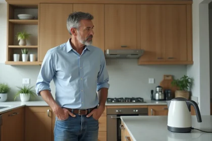 Homme d'âge moyen dans une cuisine moderne avec bouilloire électrique
