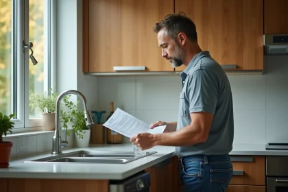 Homme d'âge moyen lisant une facture d'eau dans sa cuisine moderne