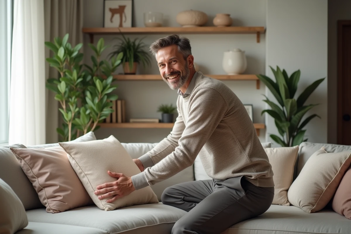 Homme arrangeant des coussins dans un salon rénové