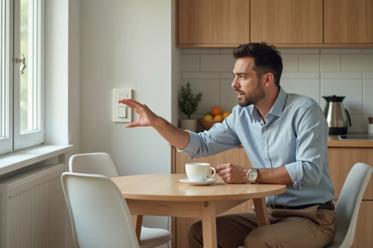 Homme assis à la table avec un interrupteur sans fil dans une cuisine lumineuse