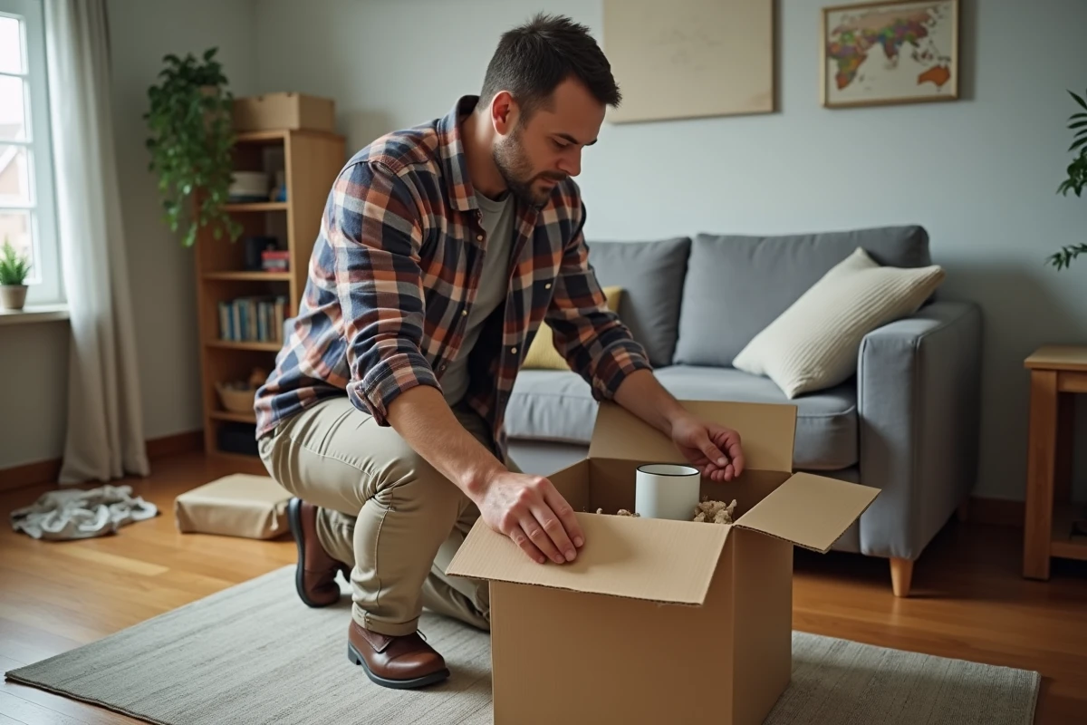 Homme plaçant un mug emballé dans une boîte en carton