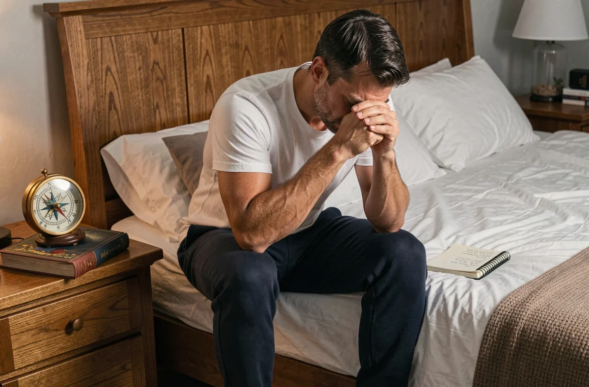 Homme épuisé assis sur le bord du lit avec une boussole et un livre feng shui sur la table de nuit, cherchant des solutions au manque de sommeil