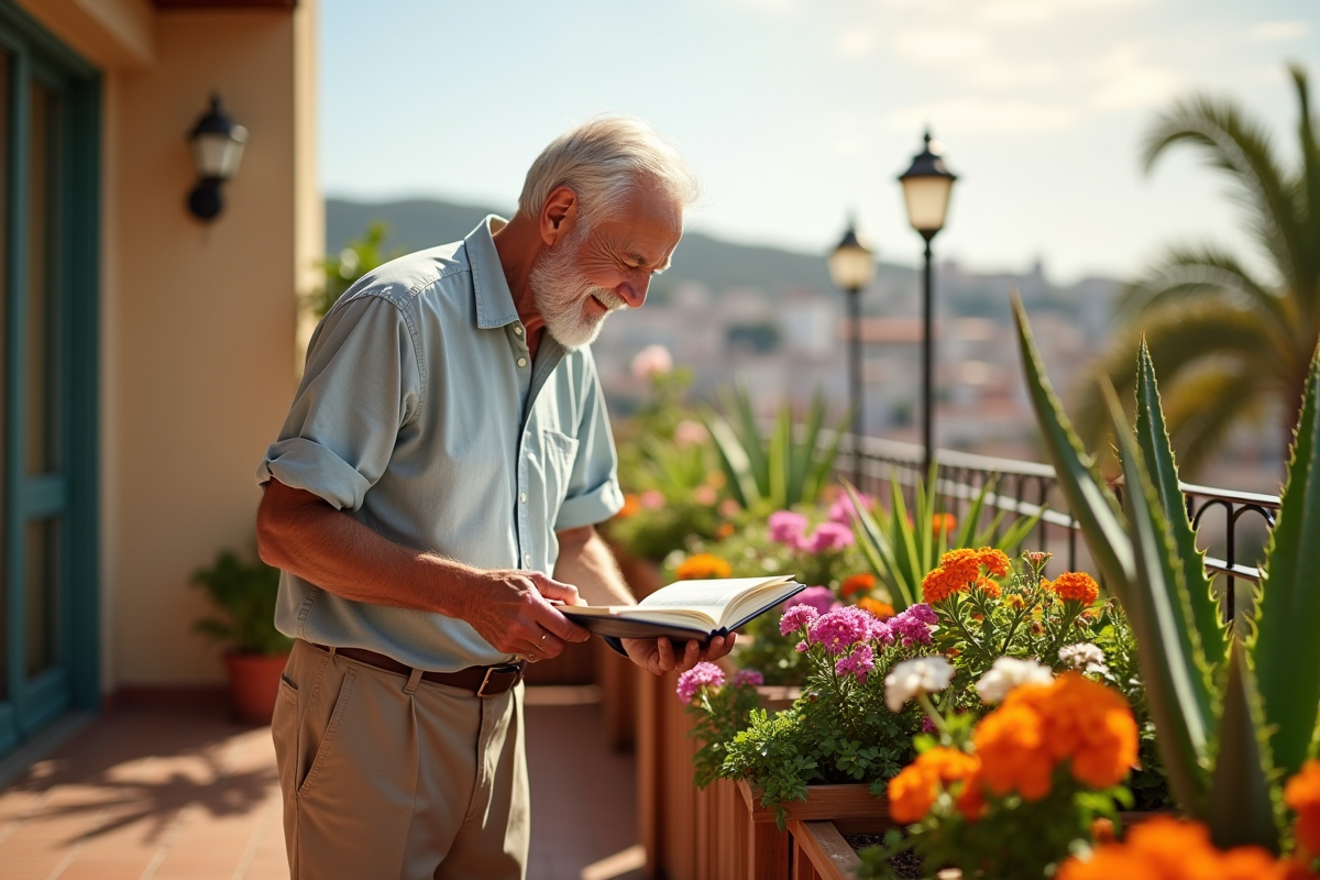 Homme âgé inspectant des plantes en terrasse ensoleillée