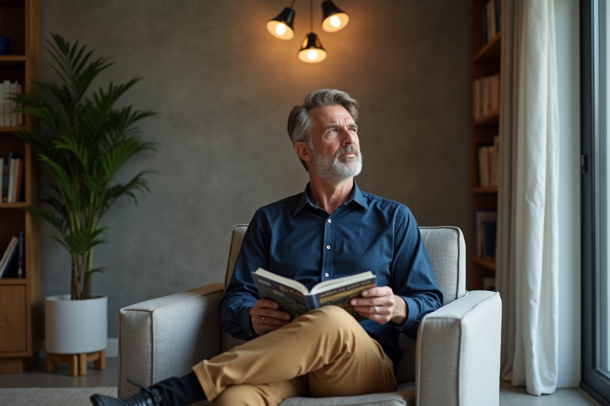Homme lisant un magazine sous une lampe géométrique dans un salon