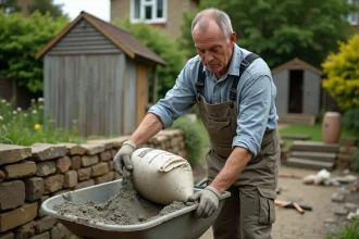 Hommes en tenue de chantier versant du mortier en extérieur