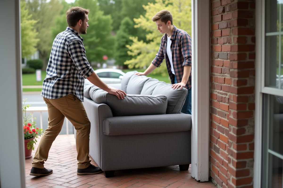 Homme et adolescent déplaçant un canapé devant une maison