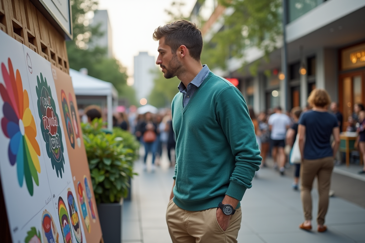Homme regardant affiches de tendances couleurs 2025 en marché