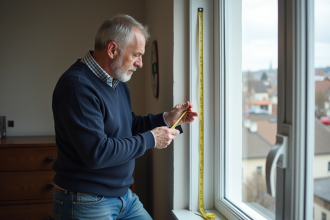 Homme mesurant une fenetre PVC dans un salon moderne